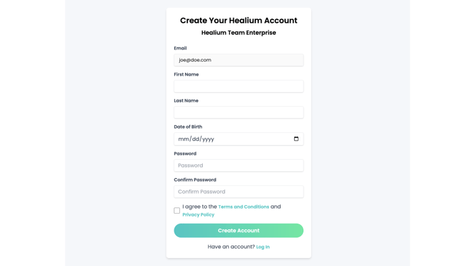 Create Healium Account form