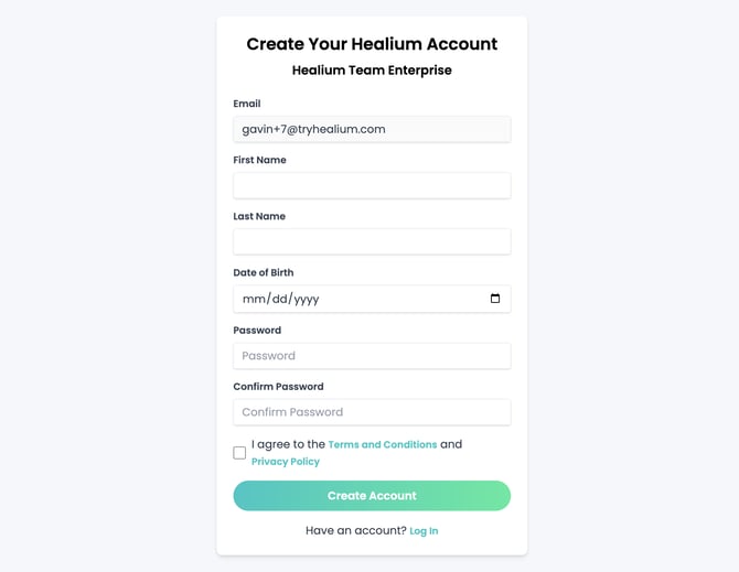 Create Healium Account form