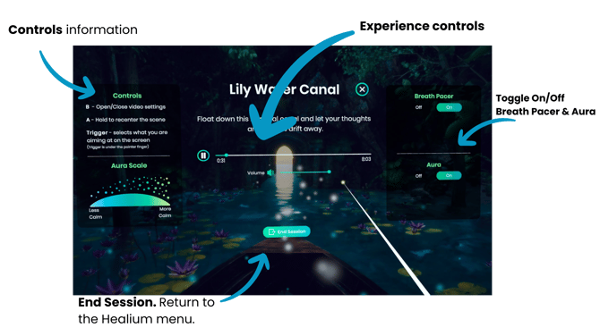 Customization Breath Pacer white bubbles coming in and out. Aura real time feedback bubbles coming from the bottom of the screen.