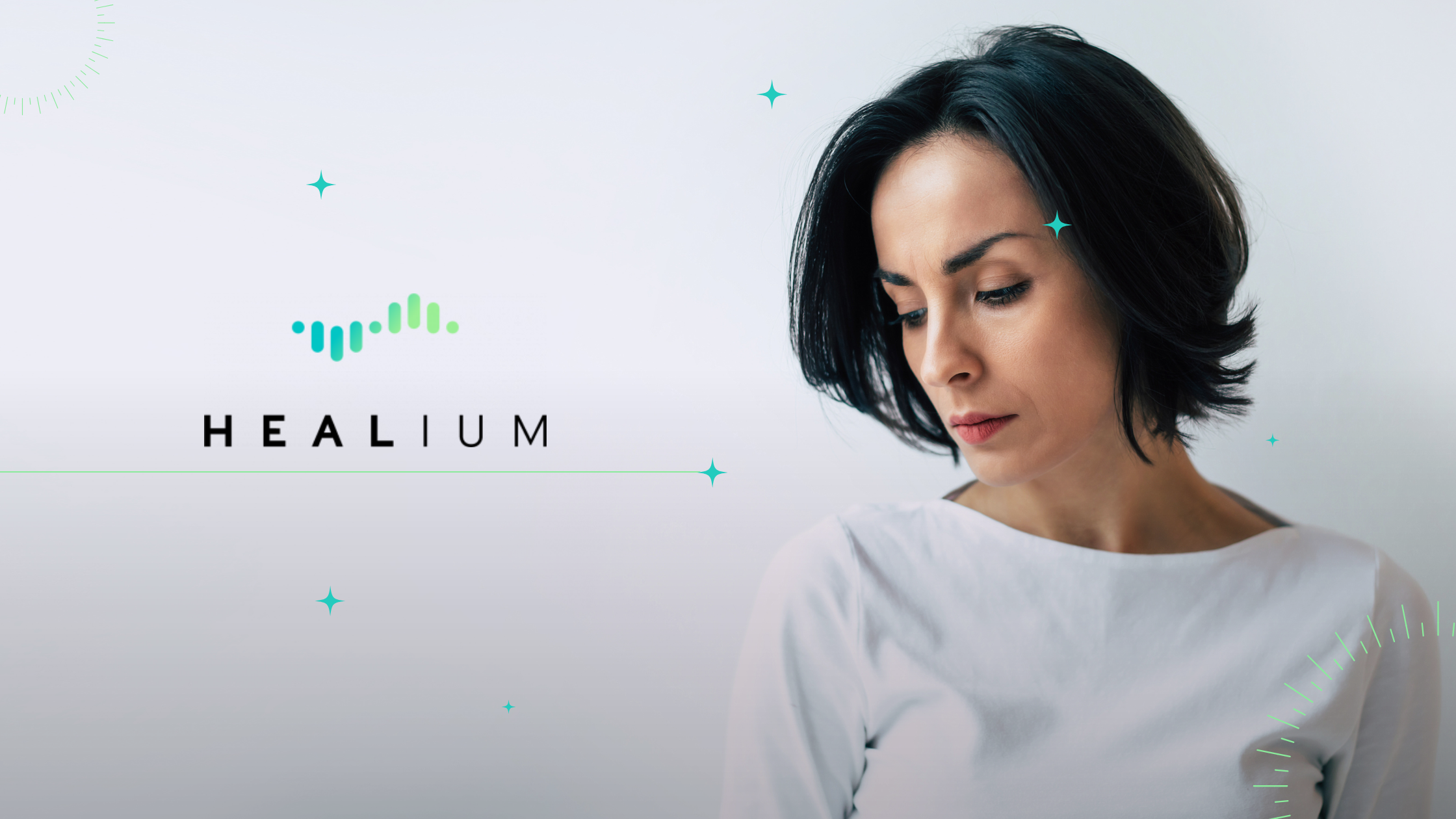 A woman looks down introspectively. To her left is the Healium company logo.