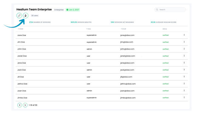 Healium Dashboard - Invite User button