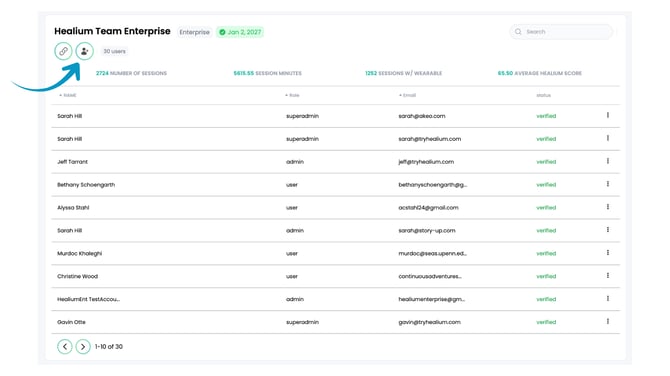 Healium Dashboard - Invite User button