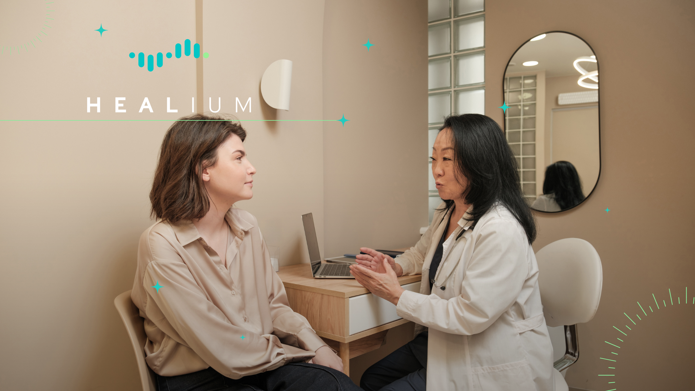 A client looks at her clinician. The Healium logo is in the top left.