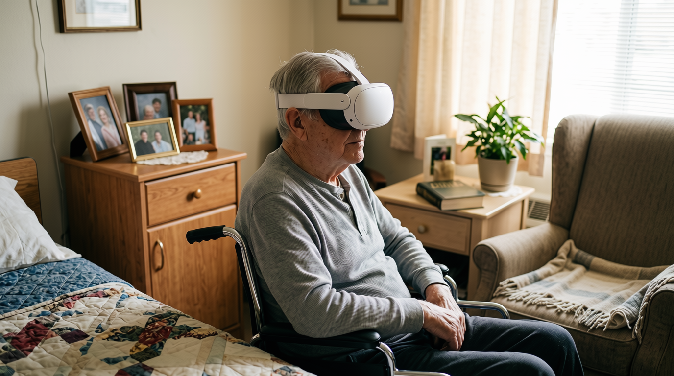 Veteran resident wearing Healium VR goggles at a Pennsylvania state veterans home