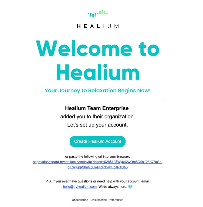 Welcome to Healium invite email