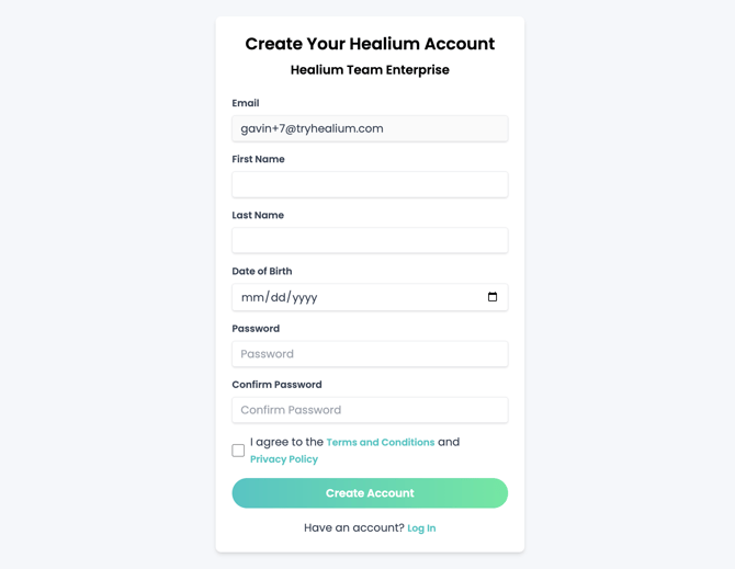Create Healium Account form